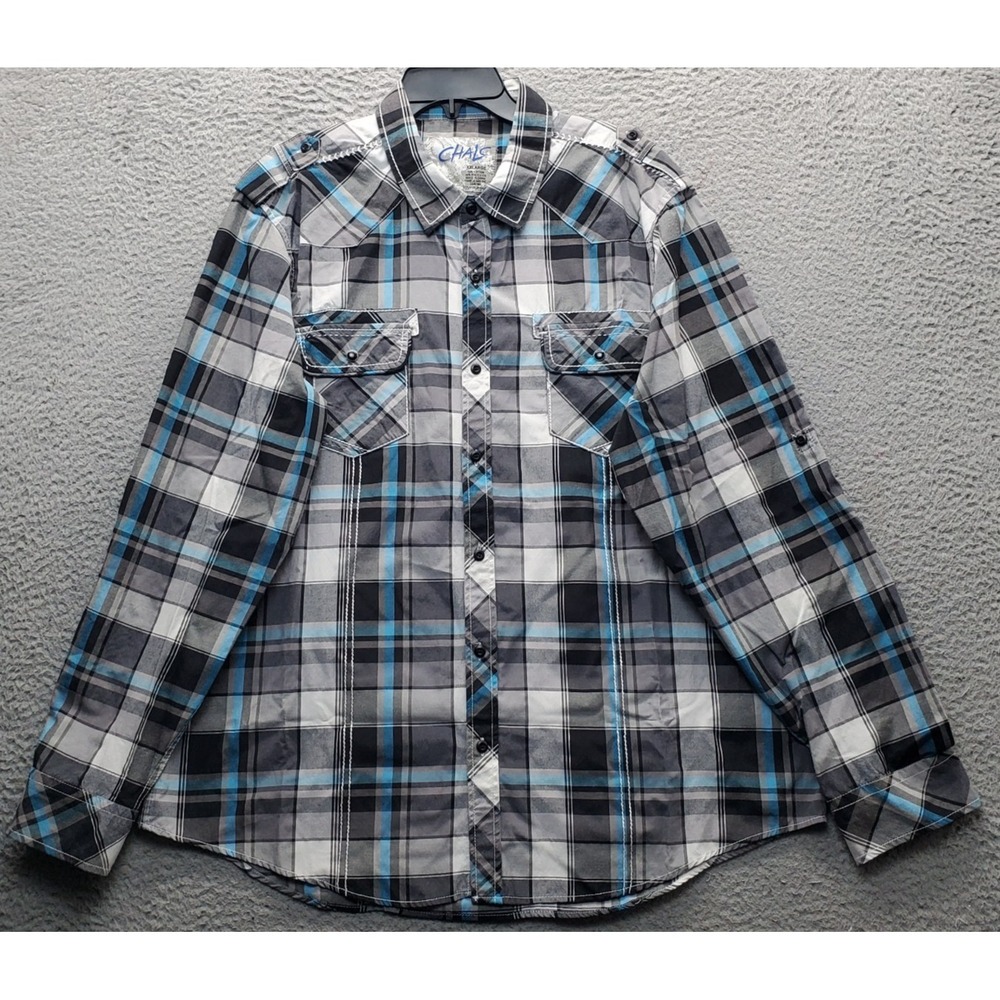 Chalc Western Shirt Mens XXL Multi Plaid Contrast Stitch Collared Button Up‎ EUC